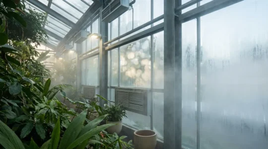 Winter garden interior showing balanced humidity with healthy tropical plants and subtle morning mist