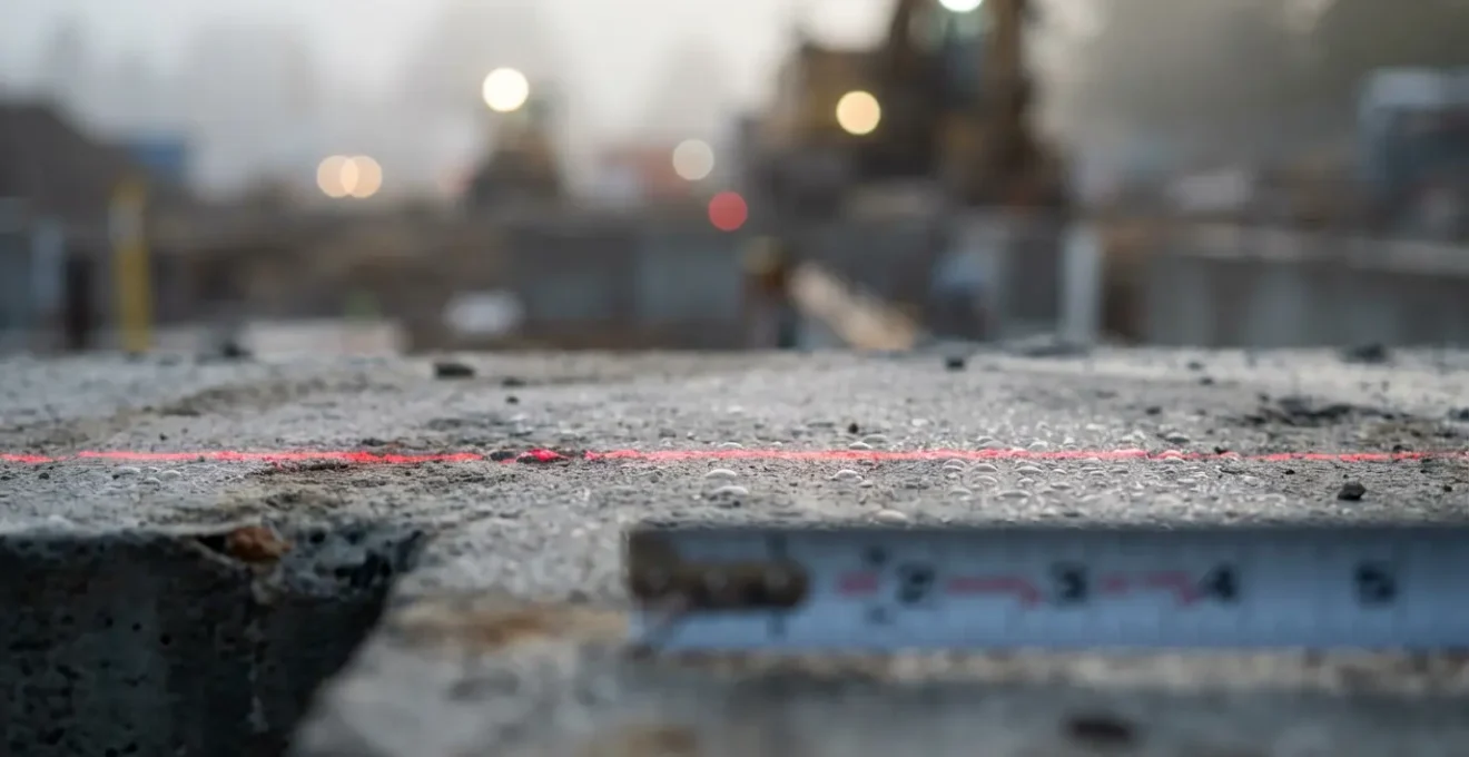 Close-up of laser level measuring foundation alignment for modular home installation