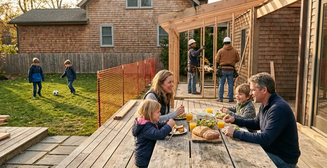 Family enjoying garden while lean-to construction happens separately against house wall
