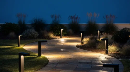 Professional LED bollard lights illuminating a curved stone pathway through a garden at twilight