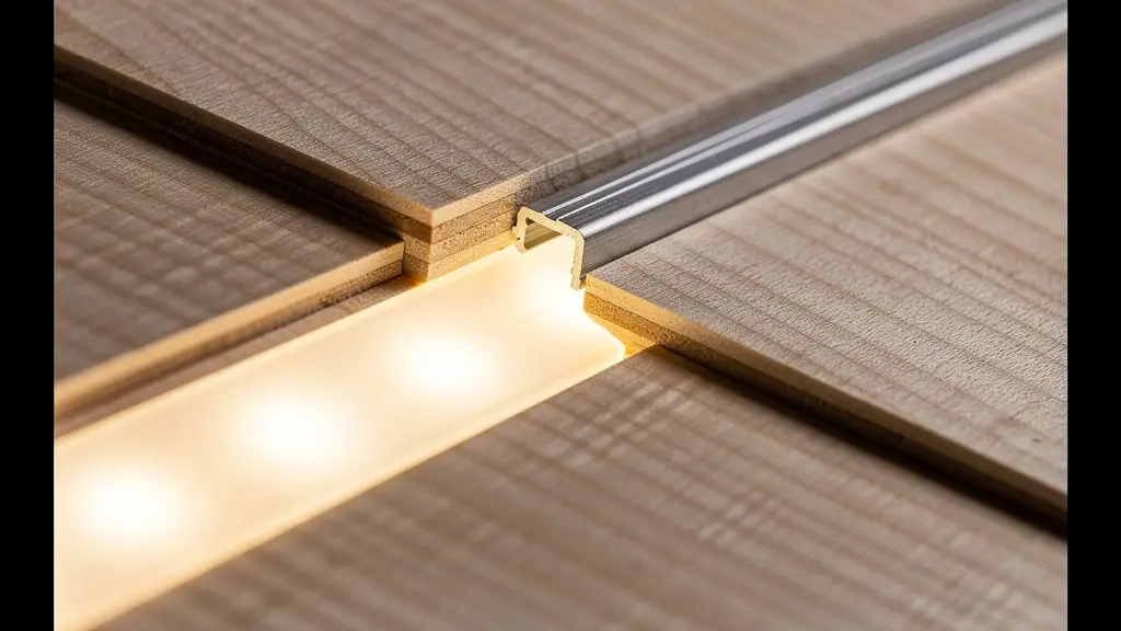 Macro detail of a routed LED channel in a wooden shelf edge, showing the diffused lighting effect.
