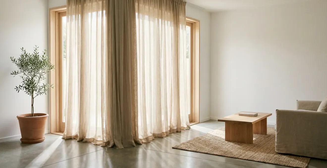 Elegant linen curtains filtering natural daylight in a bright modern living room