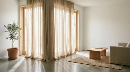 Elegant linen curtains filtering natural daylight in a bright modern living room