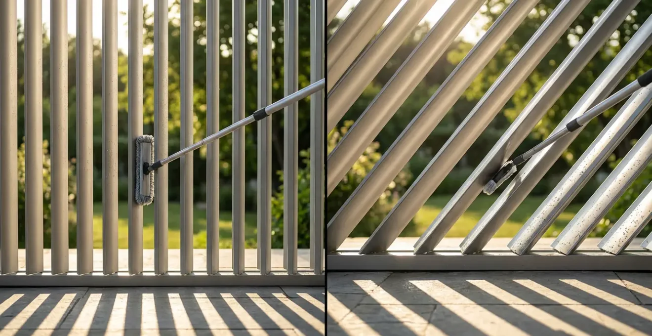 Geometric comparison of 90 versus 135 degree louver angles showing cleaning access