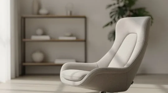 Professional ergonomic lounge chair with visible lumbar support curve in modern living room setting