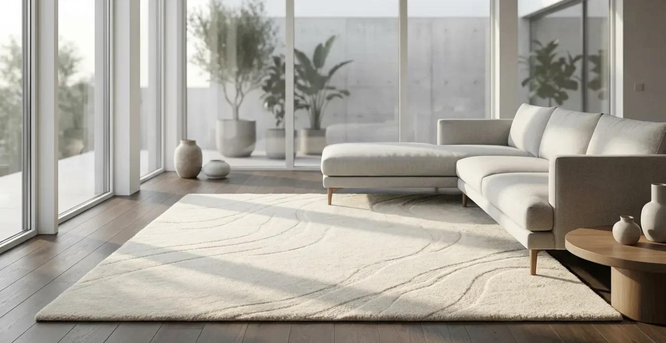 Elegant living room showcasing a 100% wool rug in high-traffic area with natural light and modern furniture