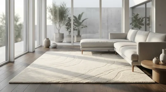 Elegant living room showcasing a 100% wool rug in high-traffic area with natural light and modern furniture