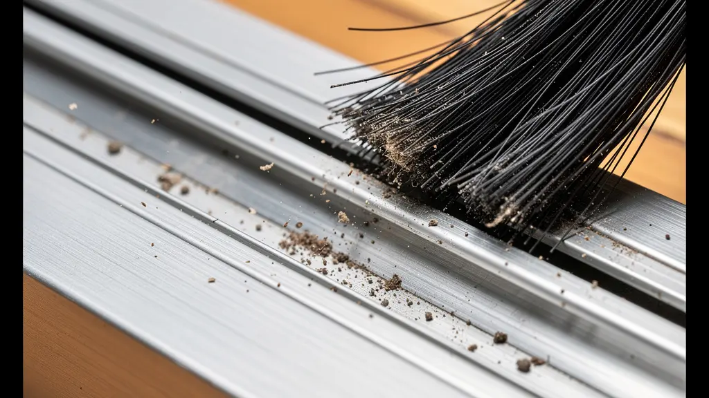 Extreme close-up of a clean aluminum sliding door track showing drainage channels and roller mechanism