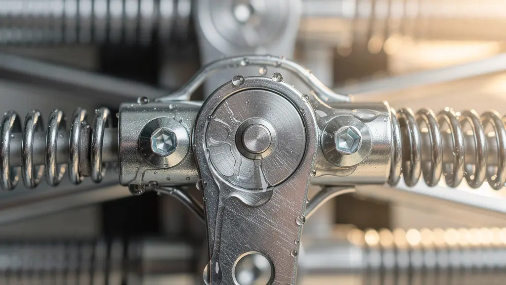 Extreme close-up of metal recliner mechanism joints with silicone lubricant application