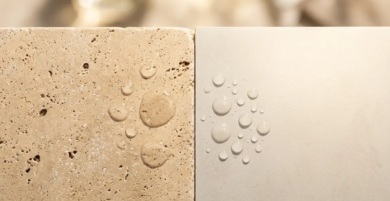 Extreme close-up comparison of natural stone and porcelain surface textures showing heat absorption properties