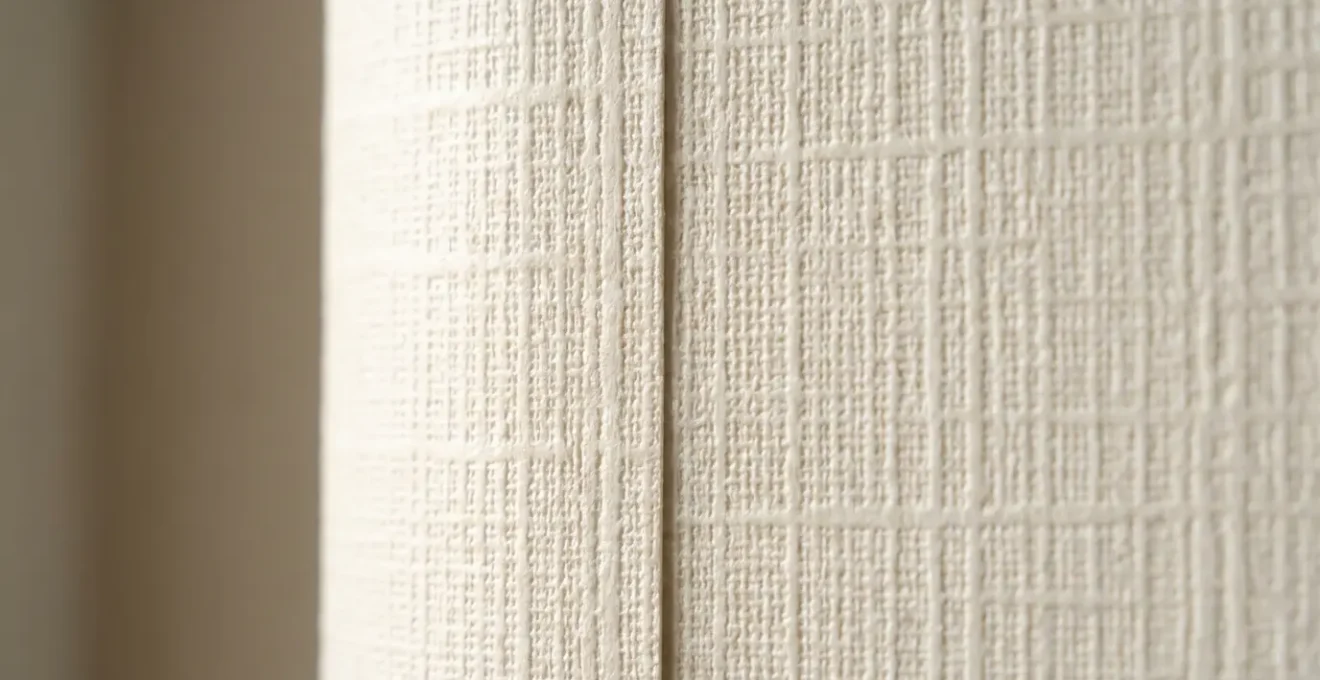 Extreme close-up macro photograph showing the seamless junction between two pieces of textured vinyl wallpaper