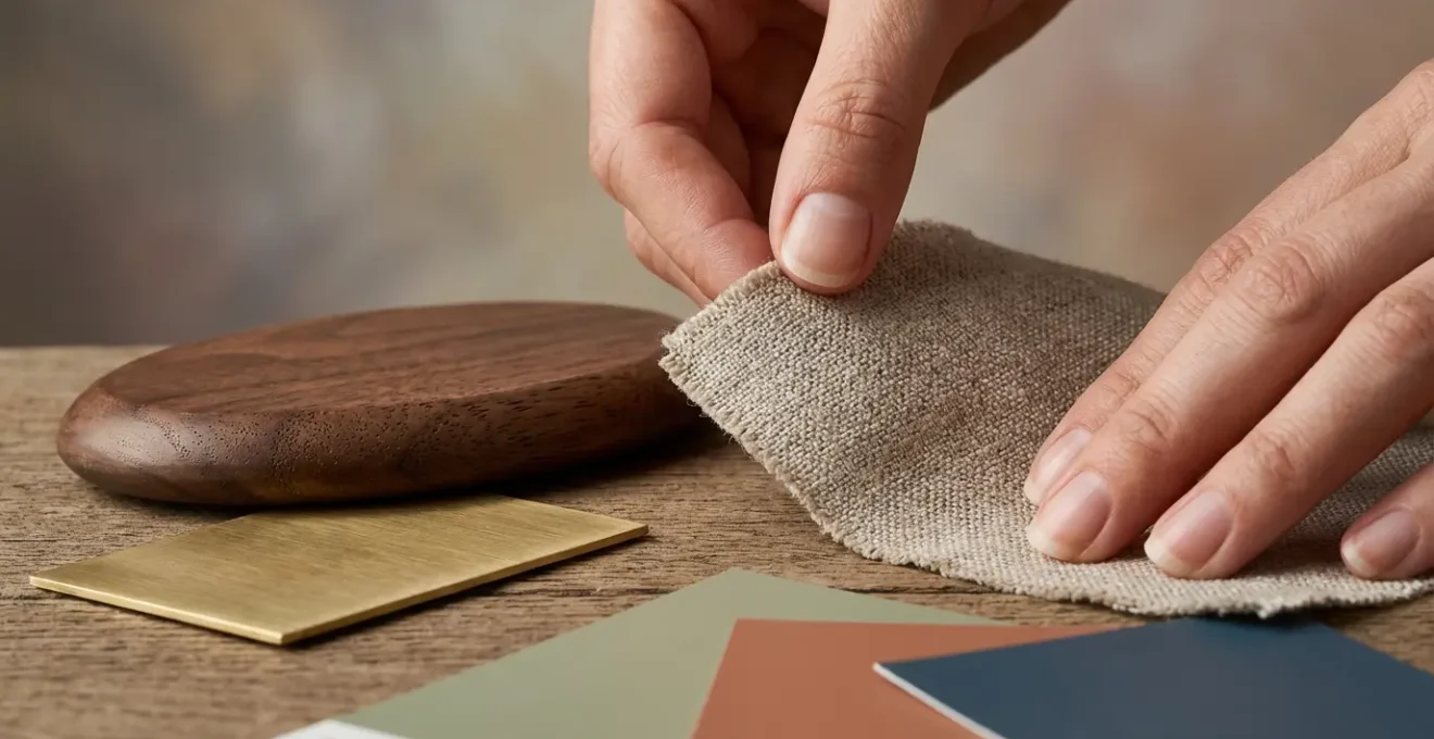 Hands arranging fabric swatches, wood samples, and paint chips in organized rows on a white surface