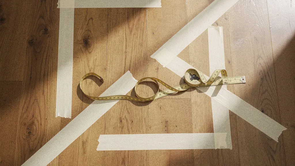 Overhead view of living room with measuring tape and placement markers for sectional sofa