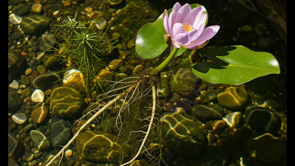 A balanced micro-ecosystem in a container water garden, showing clear water, healthy aquatic plants, and submerged pebbles.
