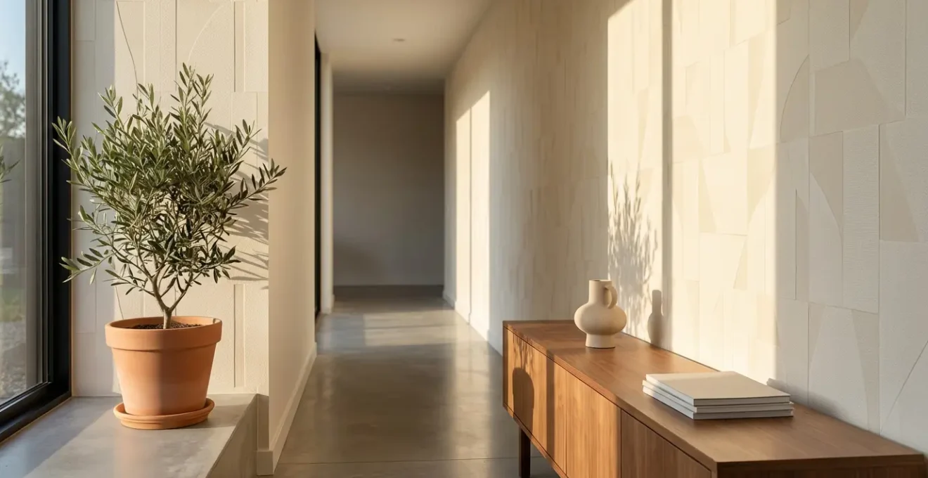 Wide angle minimalist photograph of a modern hallway featuring textured vinyl wallpaper with dramatic natural lighting