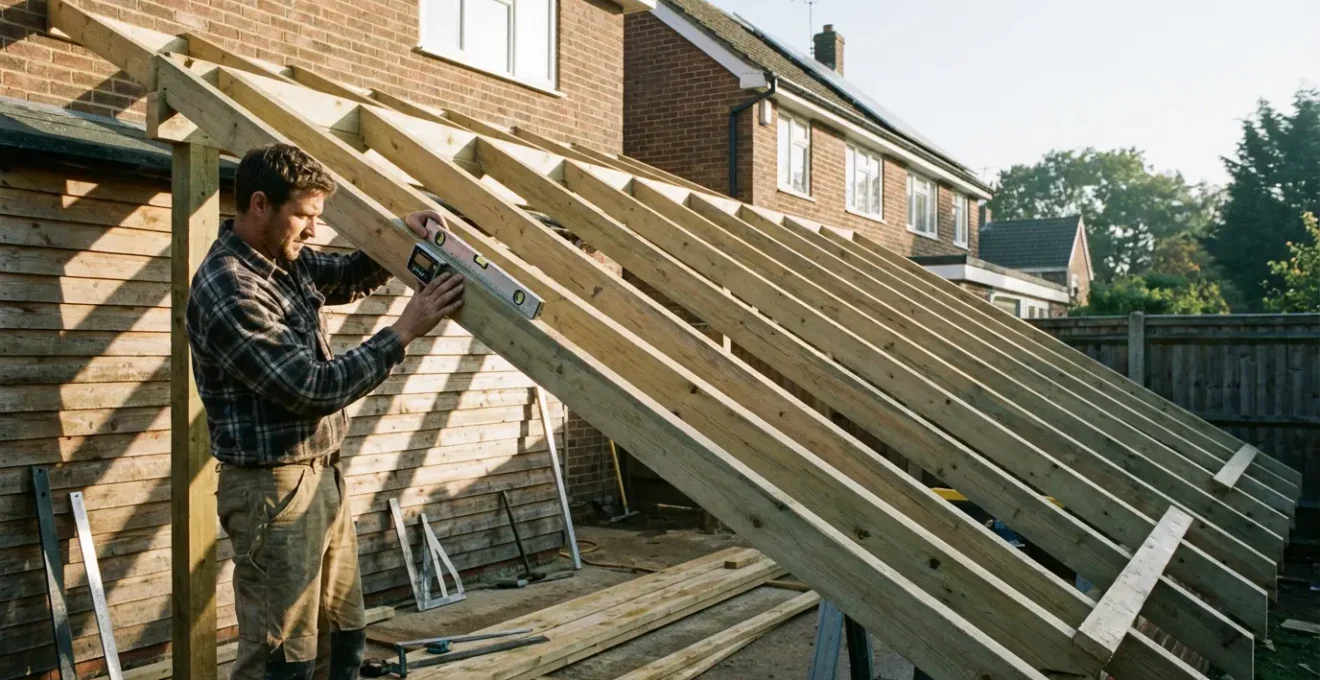 Professional calculating minimum roof pitch for lean-to structure with measuring tools