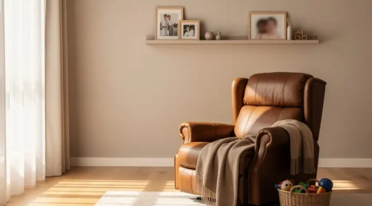Modern family living room featuring a comfortable recliner chair in neutral tones with natural light