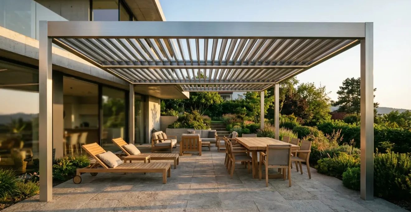 Modern motorized pergola with automated louvers in elegant outdoor living space showcasing cost-effective luxury
