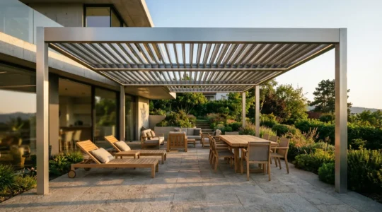 Modern motorized pergola with automated louvers in elegant outdoor living space showcasing cost-effective luxury