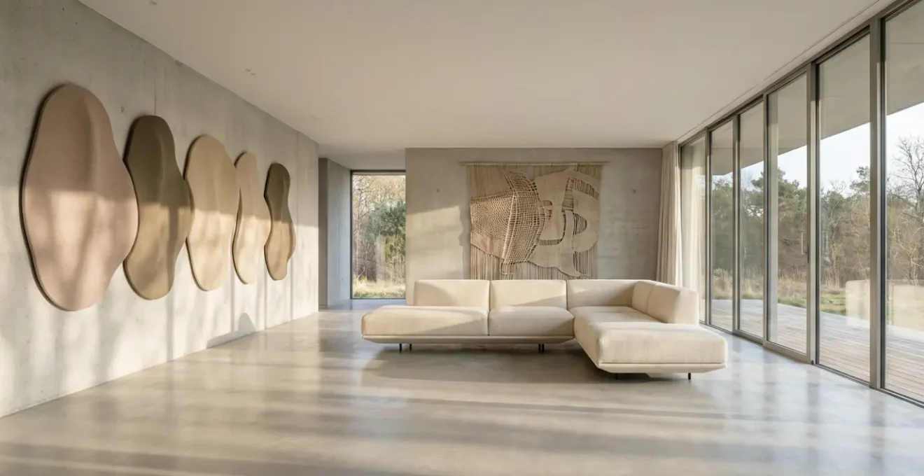 Minimalist open-plan living space featuring subtle acoustic panels integrated as wall art