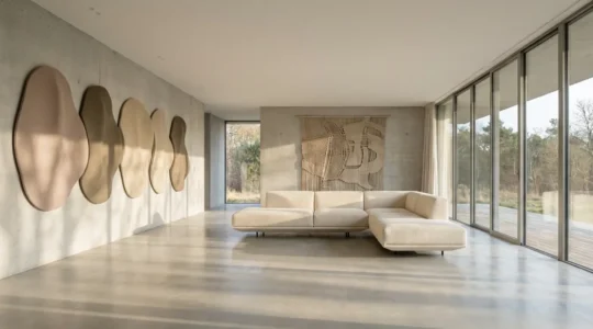 Minimalist open-plan living space featuring subtle acoustic panels integrated as wall art