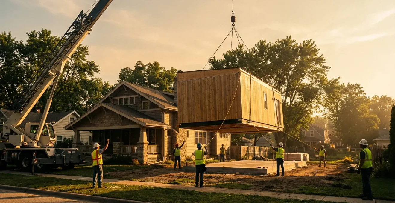 Professional crane installing a prefabricated modular home addition onto an existing two-story house on a sunny day
