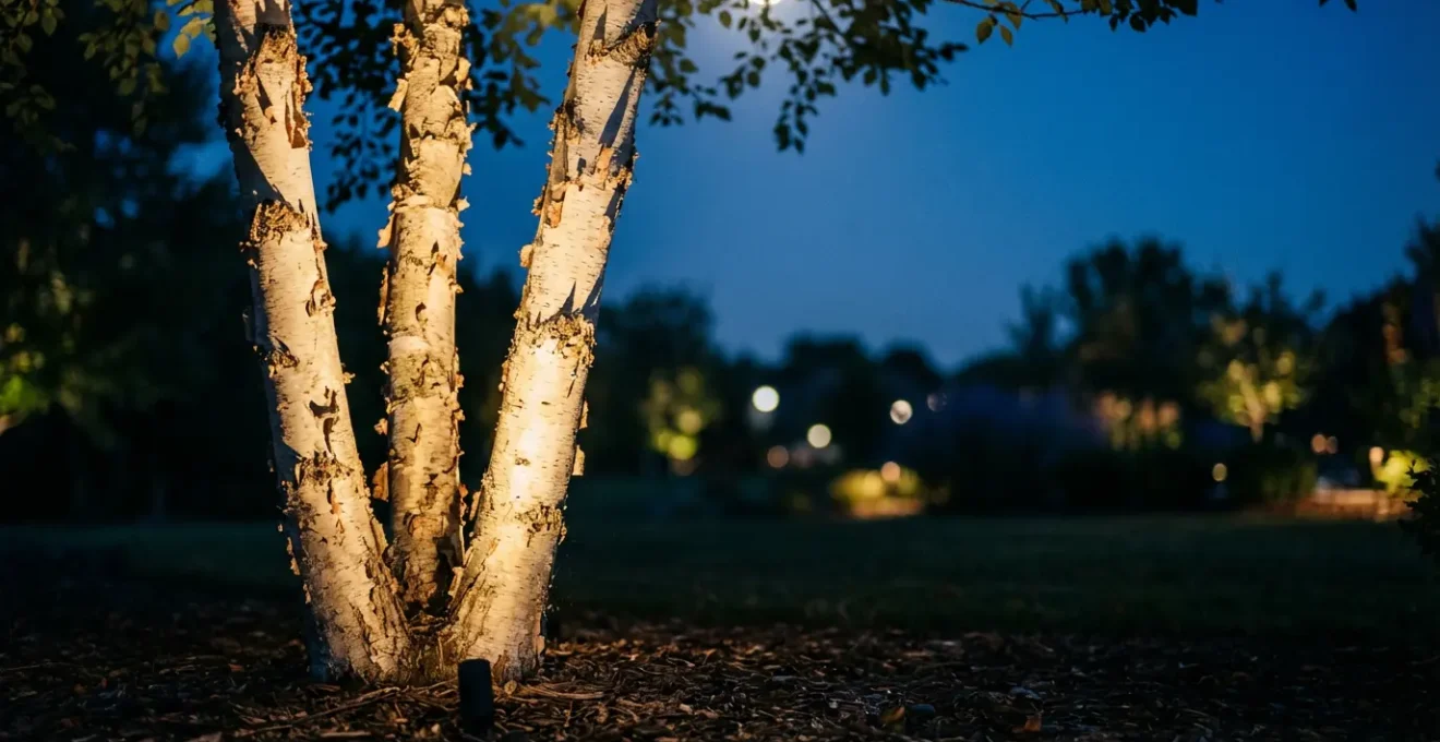 Multi-stem birch tree illuminated from below at night creating dramatic shadows and highlighting bark texture