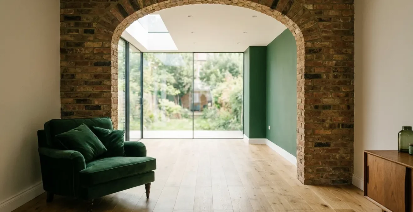 Contemporary glass extension seamlessly connecting to traditional brick house