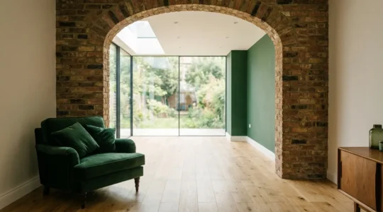 Contemporary glass extension seamlessly connecting to traditional brick house