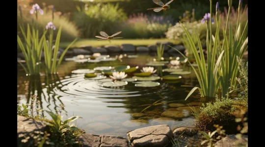 Serene ornamental pond with dragonflies hovering over water lilies and emergent plants in a natural garden setting