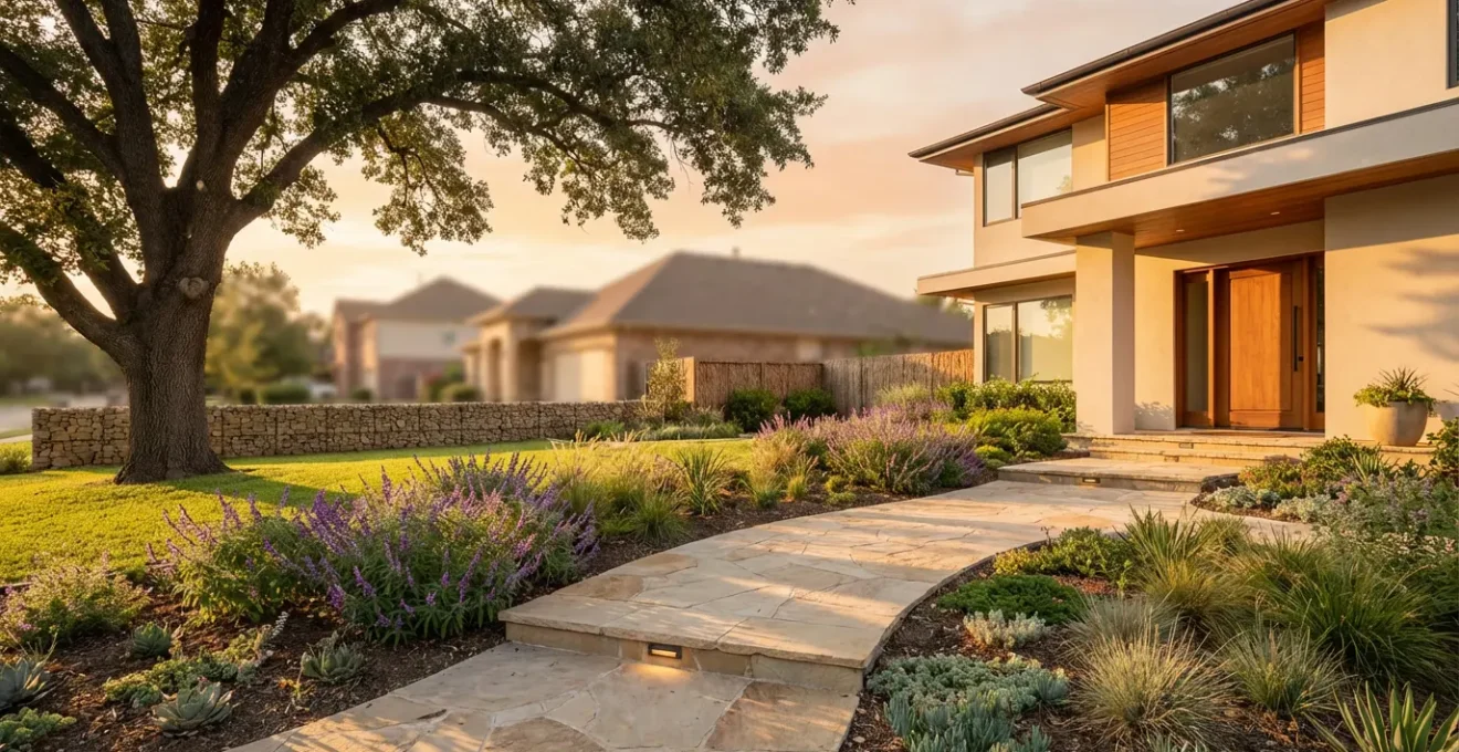 Luxurious outdoor landscaping with mature trees and elegant hardscaping enhancing property curb appeal