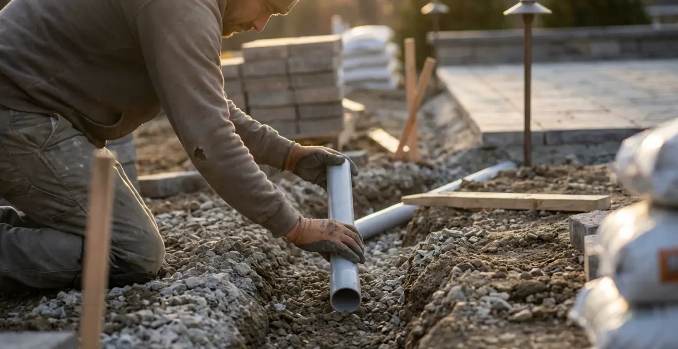 Professional installing PVC conduit sleeves under patio construction for future lighting