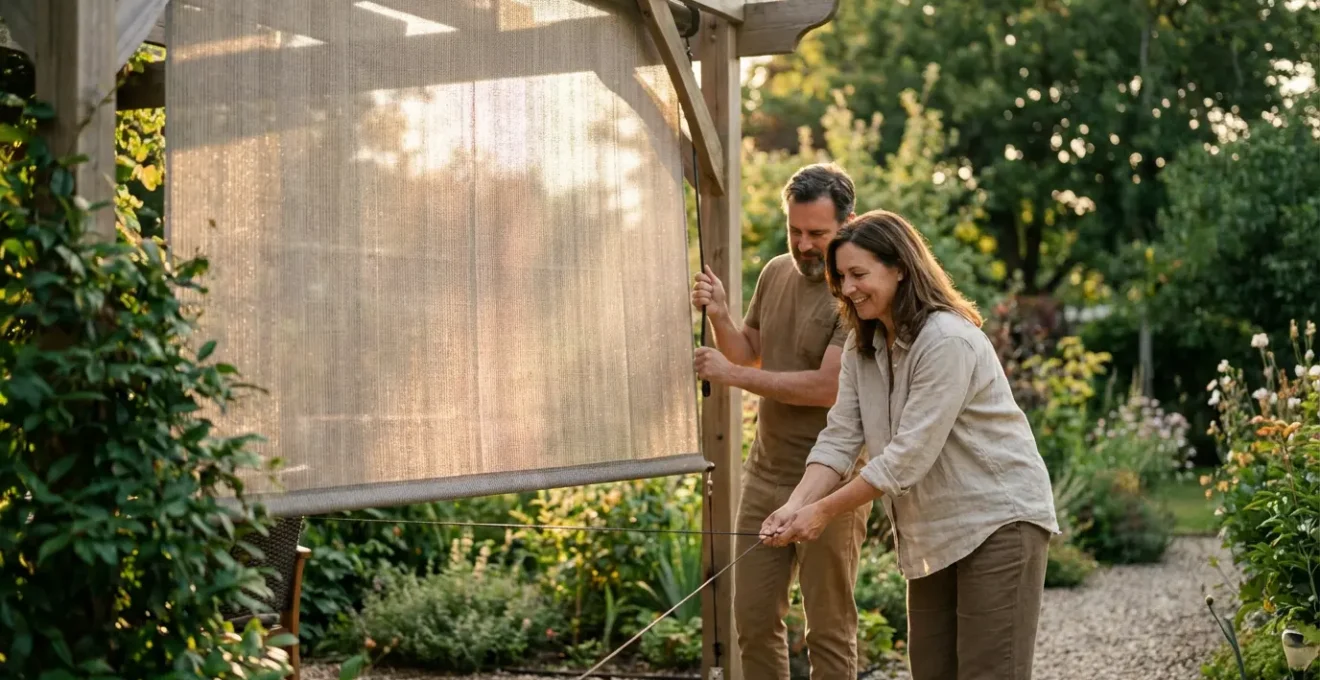 Pergola with partially deployed privacy screens showing anchor reinforcement system