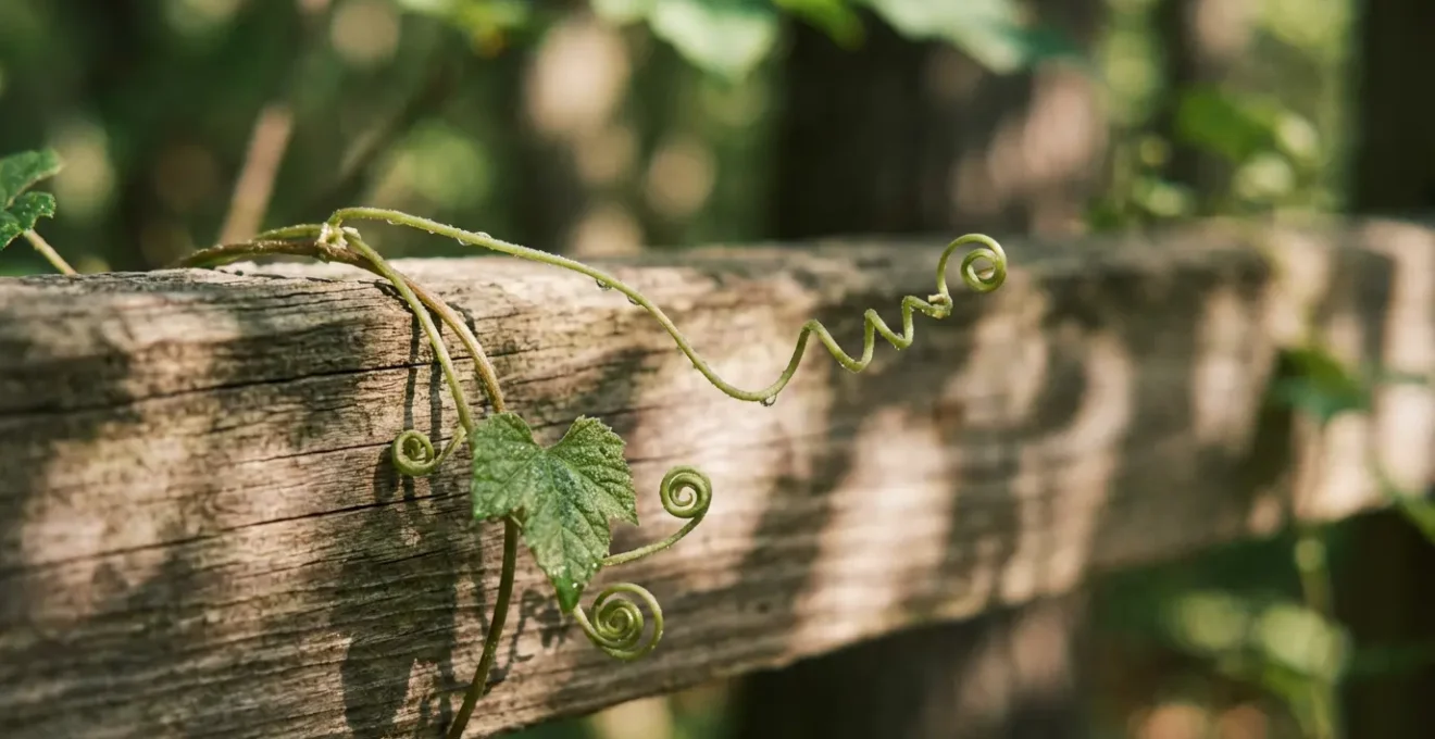 Close-up detail of climbing vine tendrils wrapping around pergola beam showing natural shade solution