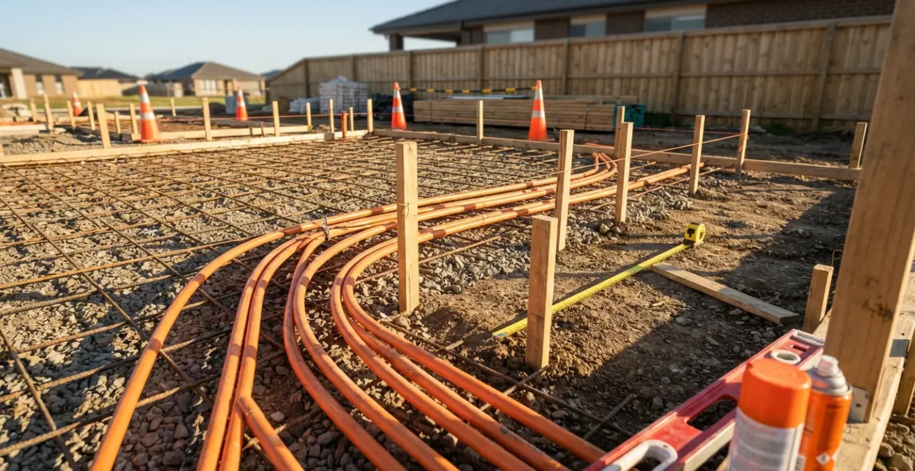 Construction site showing electrical conduit placement before concrete pour for pergola installation