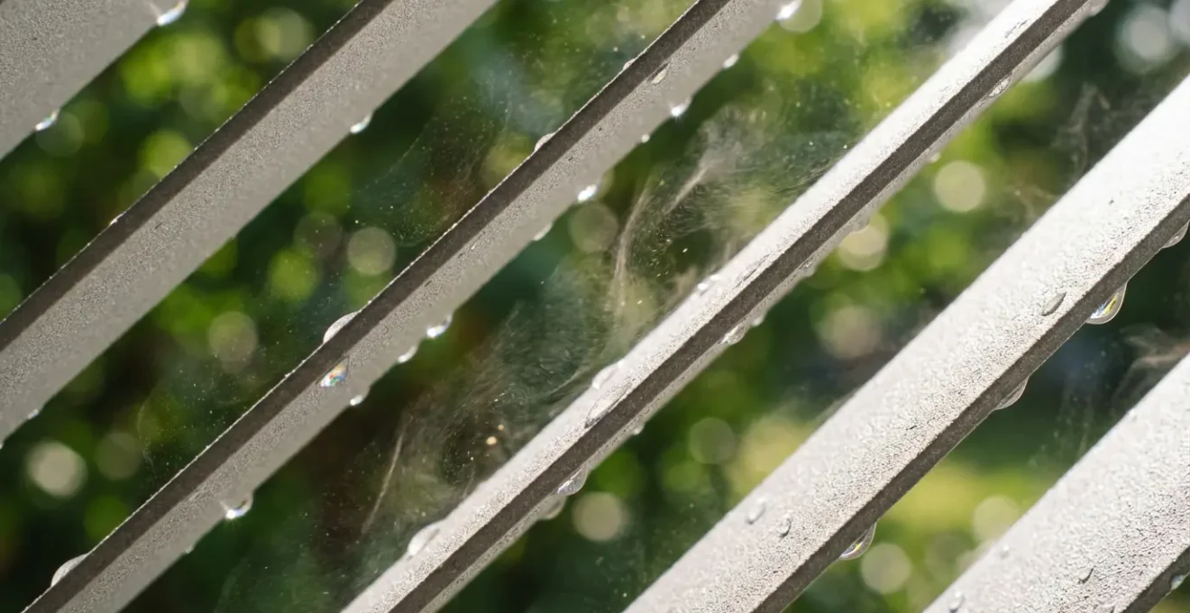 Cross-section view of angled pergola louvers creating Venturi effect for natural cooling