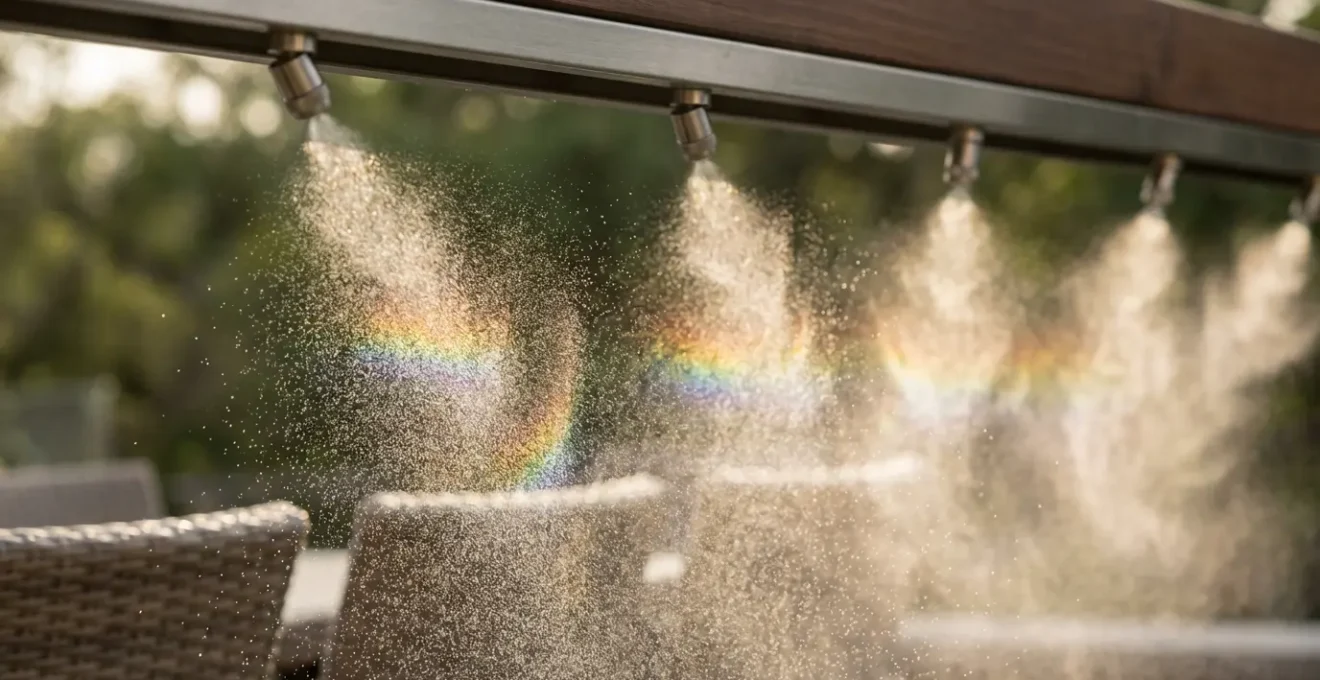 Misting system integrated into pergola structure creating cooling effect