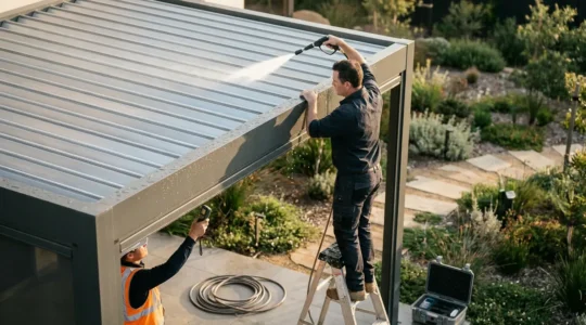 Professional testing pergola waterproofing with hose and inspection tools