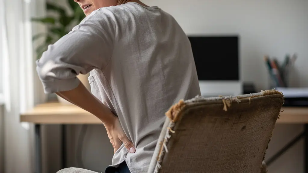 A person holding their lower back in discomfort while standing up from a worn chair.