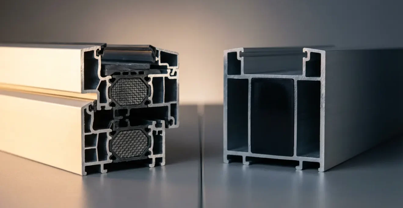 Side-by-side comparison of high-quality multi-chambered polyamide thermal break versus simple resin strip