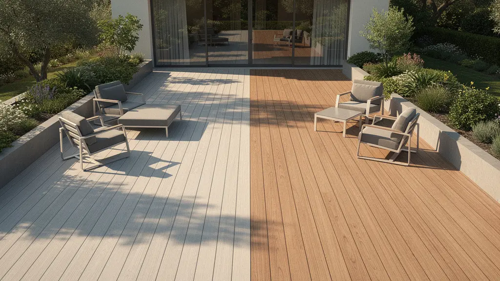 Modern composite deck with outdoor furniture and integrated lighting in a landscaped backyard