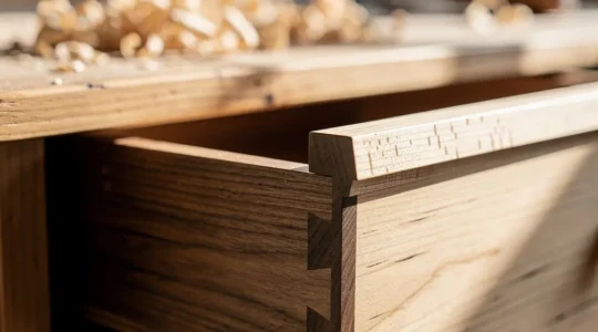 Close-up view of precision cabinet joinery showing dovetail joints and quality wood grain