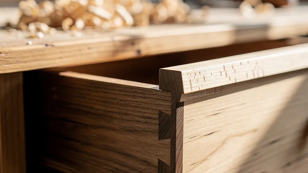 Close-up view of precision cabinet joinery showing dovetail joints and quality wood grain