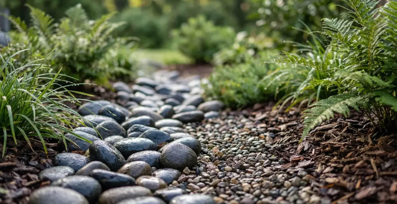 Beautiful rain garden with natural stone dry creek bed solving drainage issues aesthetically