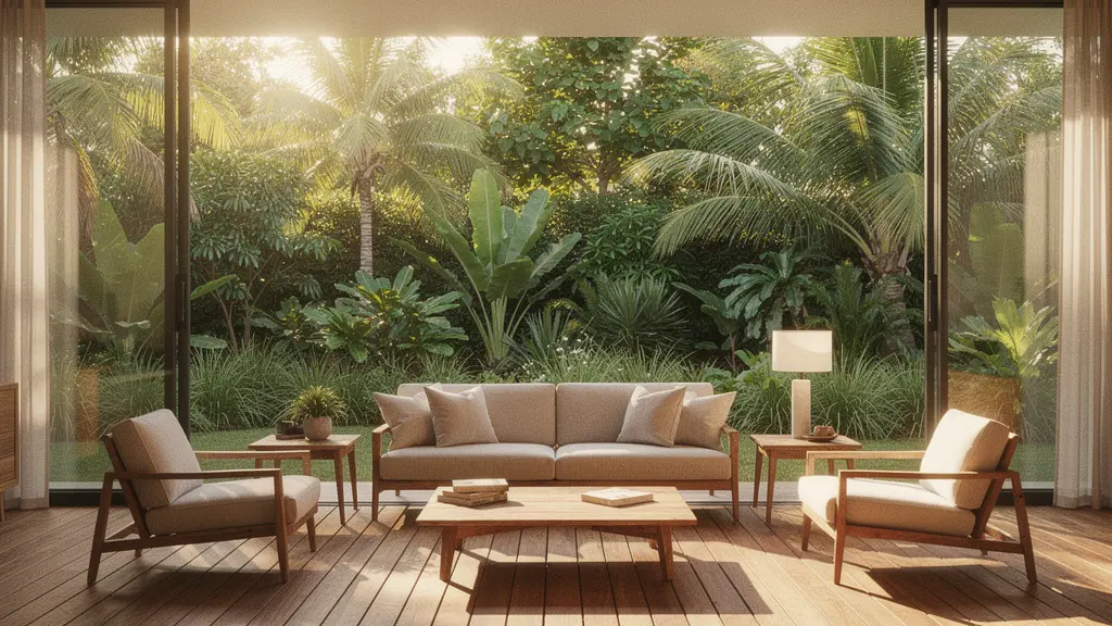 Expansive living space with floor-to-ceiling glass walls opening to lush tropical garden creating resort-like indoor-outdoor flow