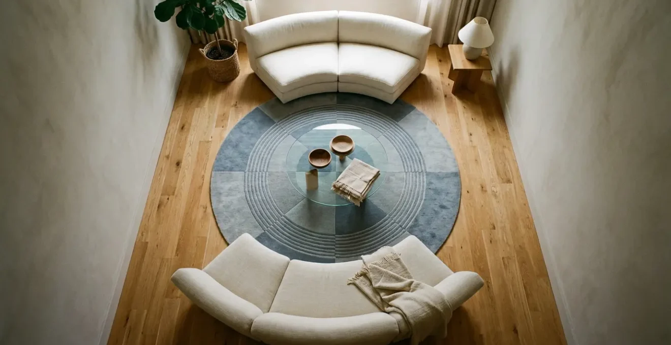 Overhead view of a round geometric rug creating a conversational vortex in a narrow living room