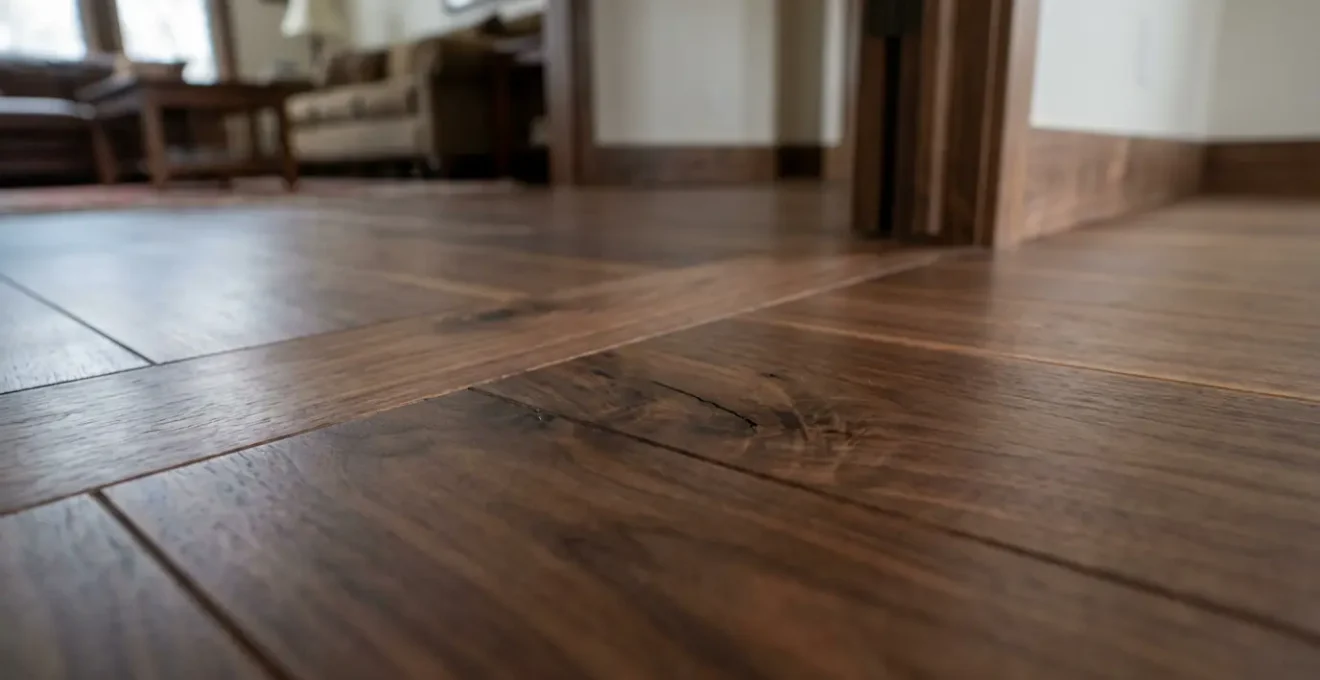 Wide-angle view showing continuous hardwood flooring flowing from original home through glass corridor into modern addition