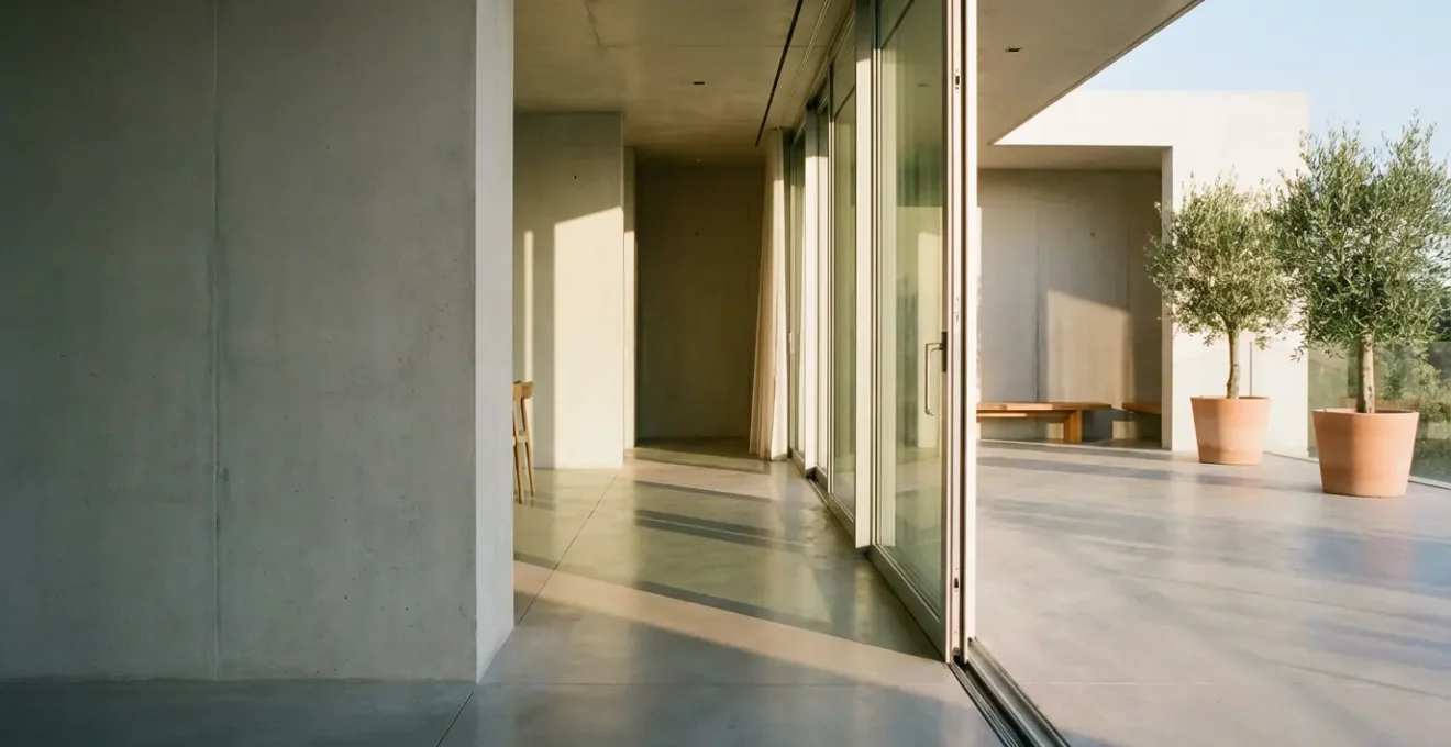 Modern glass door with seamless flush threshold showing continuous indoor-outdoor flooring transition