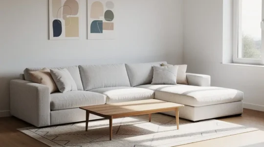 Modern living room with optimally positioned sectional sofa showing clear traffic pathways