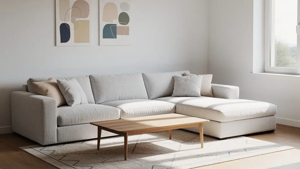 Modern living room with optimally positioned sectional sofa showing clear traffic pathways